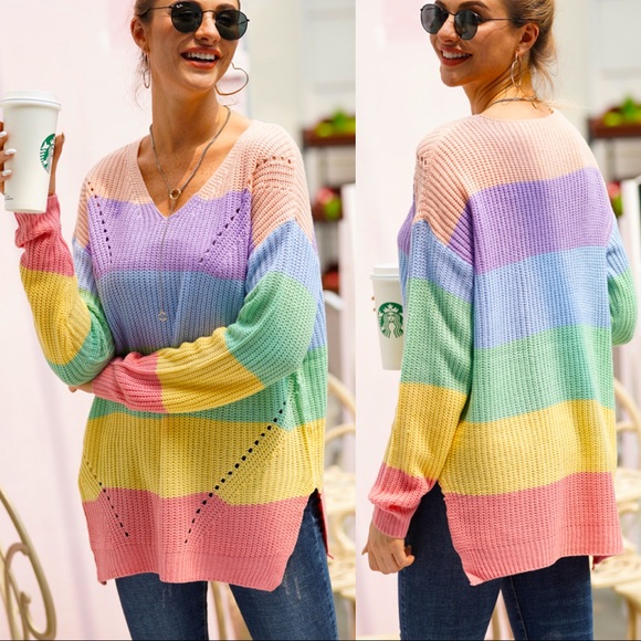 Stunning Mystery Sweaters - 🌈🍁Rainbow Color V Neck Loose Sweater